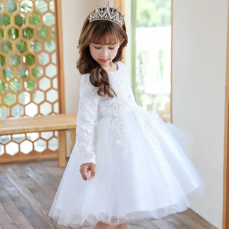 2024 New Baby Kids Dresses For Girls Birthday Party Long Sleeve Dress Gown Girl Mesh Print Princess Children Wedding Dress 10Y