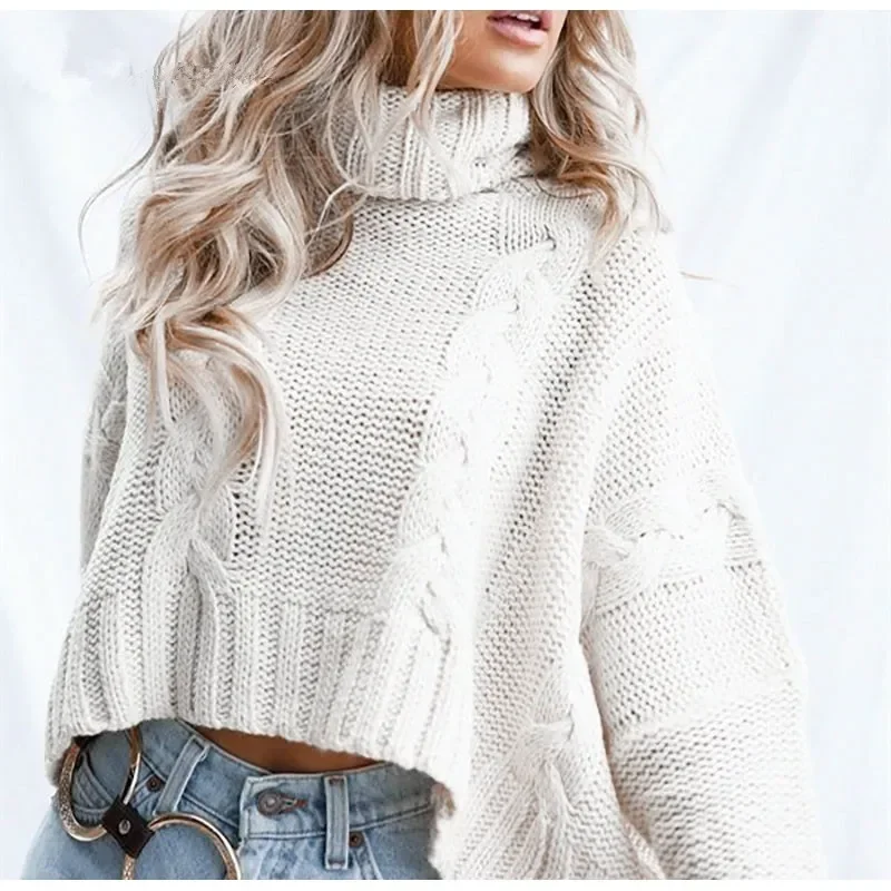 Suéter de cuello alto corto blanco para mujer, Jersey de punto, suéteres casuales sueltos de manga larga, otoño e invierno, nuevo