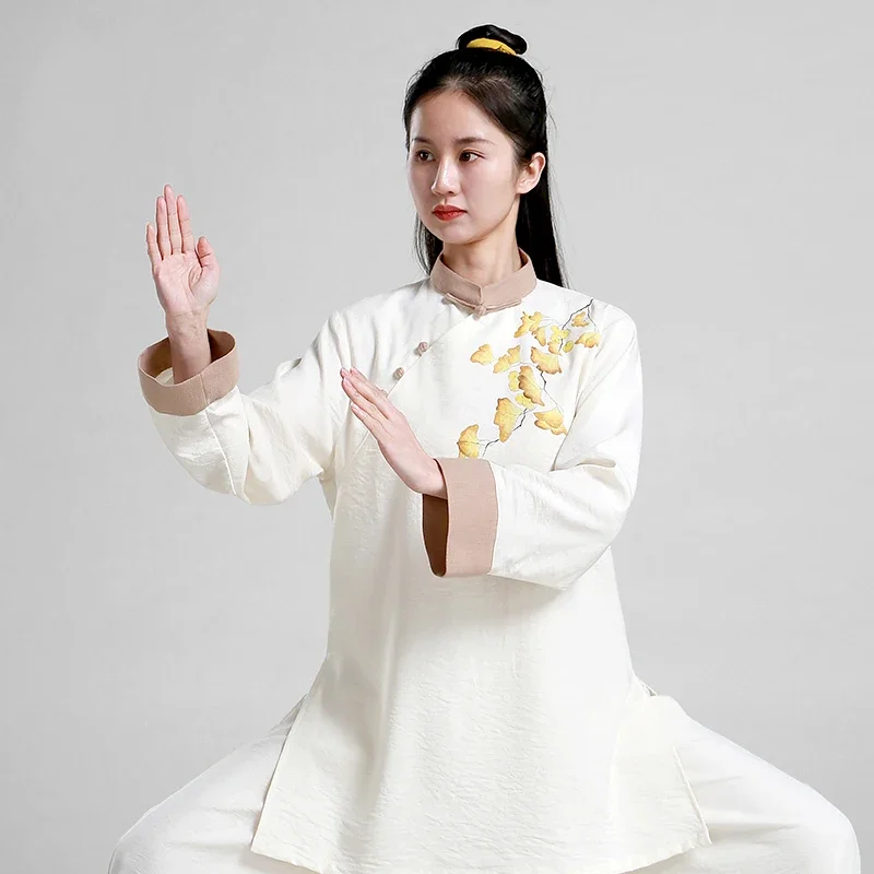 Martial Art Uniform Hand-painted Ginkgo Kung Fu Dress Tai Chi Clothes Wushu Clothing Women Girl Kun Master White 2023 New Style