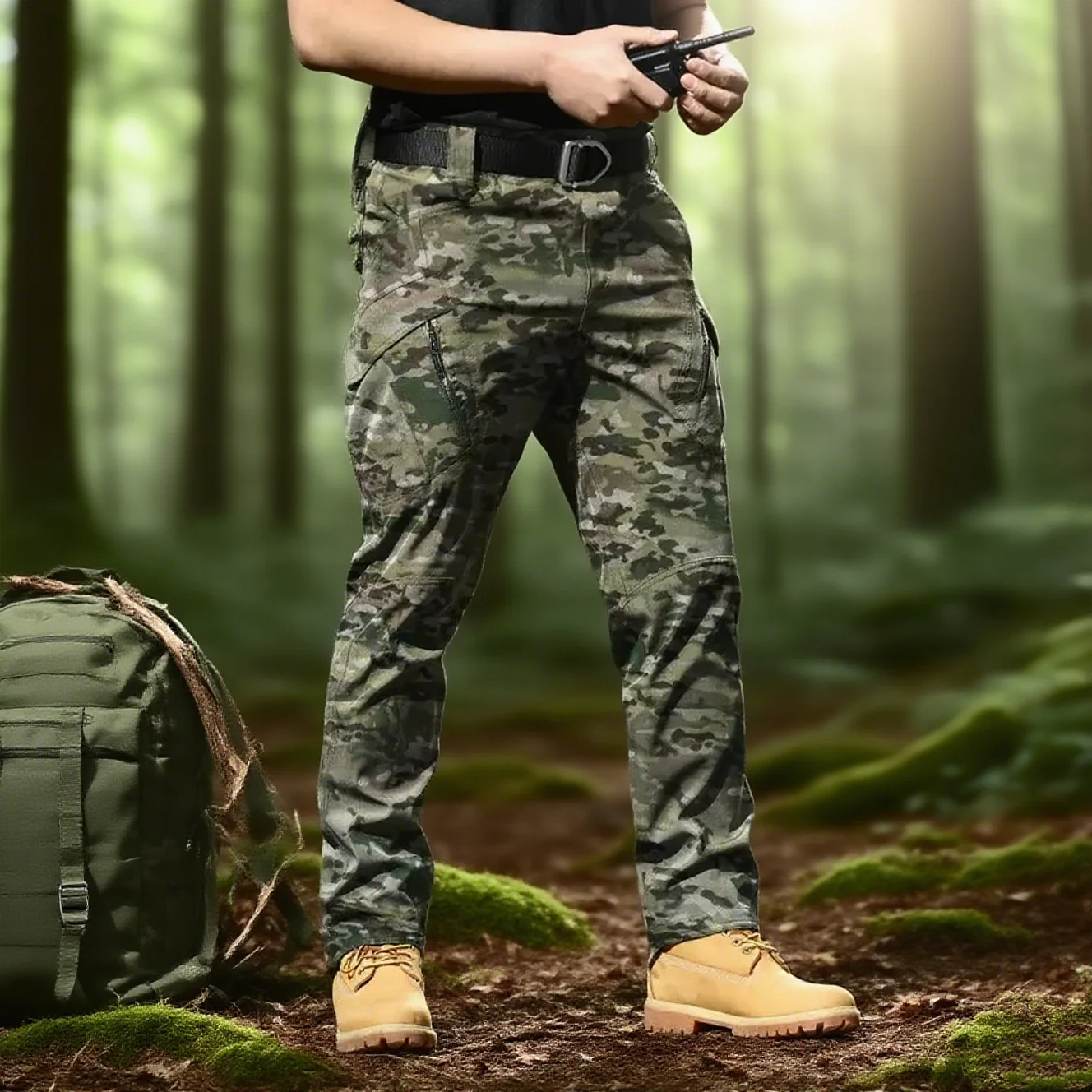 

Camouflage printed slim fit pants for men, autumn casual pocket elastic pants, spring men's casual outdoor straight leg pants