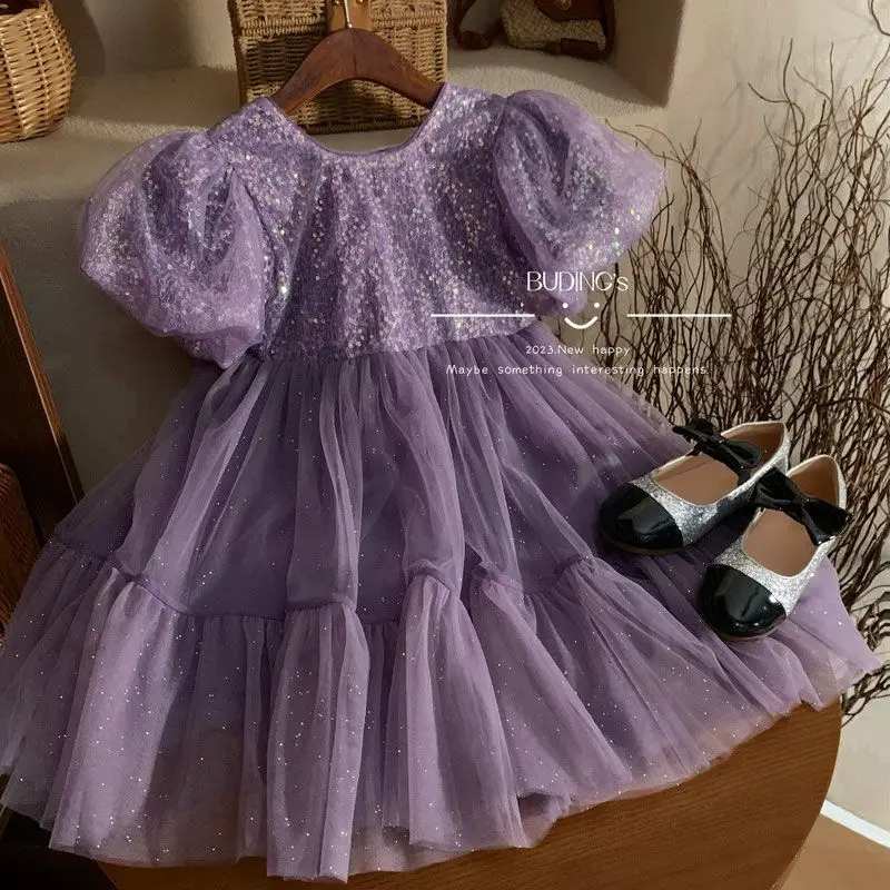 Birthday party Summer strap bow Bubble sleeve Girls Cake Purple Shiny Dresses princess childrens Daily Clothing Gauze Skirts