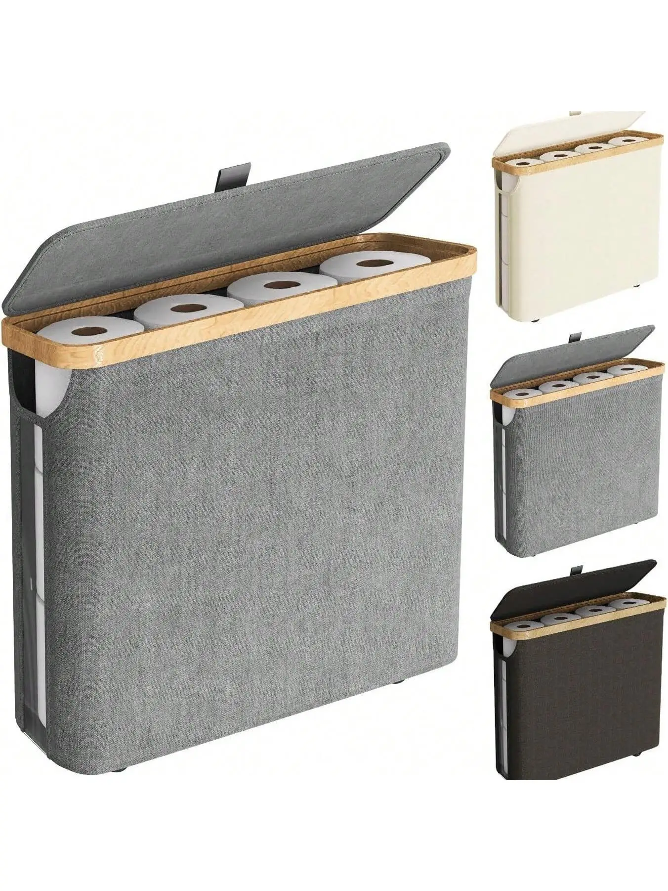 Cesta de baño de bambú con tapa, capacidad para 9 rollos de papel higiénico, organizador de toallas y pañuelos, 1 ud. | Estructura de bambú, lino sintético gris | Decoración del hogar