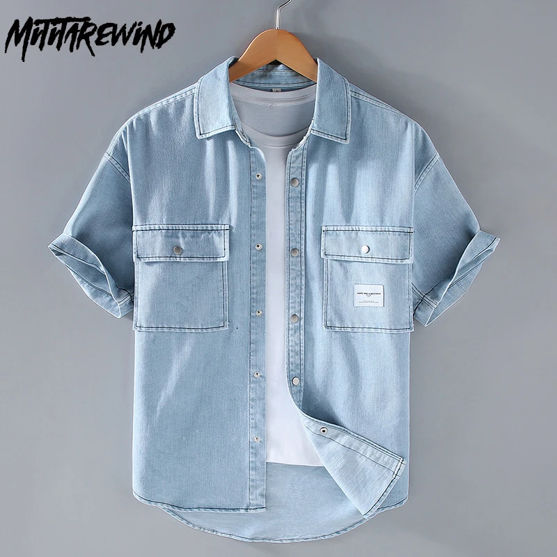 

Korean Fashion Mens Short Sleeve Denim Shirts Summer Daily Causal Jean Shirt Lapel Pockets Shirt Unisex Youth Loose Tops Blouse