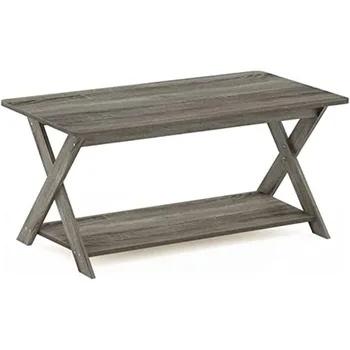 Image Furinno Modern Simplistic Criss-Crossed Coffee Table, 35.4 in x 19.6 in x 16 in, French Oak Grey