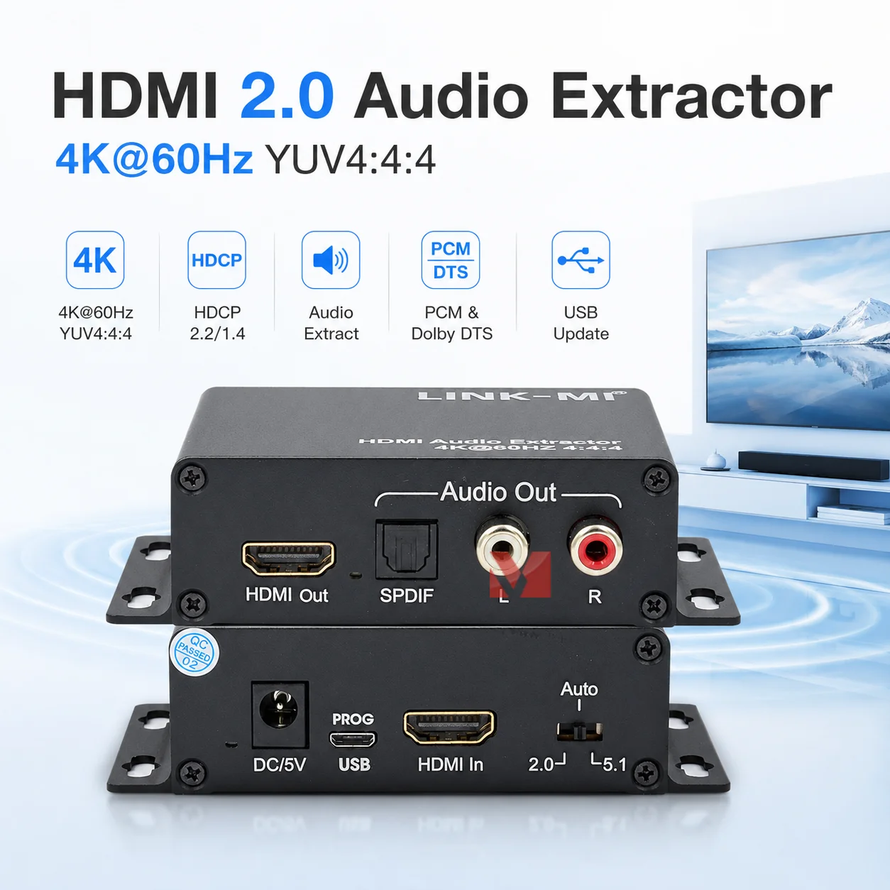 HDMI 2.0 Audio Extractor 4K60Hz YUV4:4:4 HDMI Audio Converter with 5.1CH SPDIF Stereo L/R Output HDCP2.2 CEC EDID