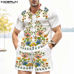 INCERUN Men Sets Printing Lapel Short Sleeve Shirt & Shorts 2PCS Streetwear 2024 Vacation Summer Fashion Men Casual Suits S-5XL