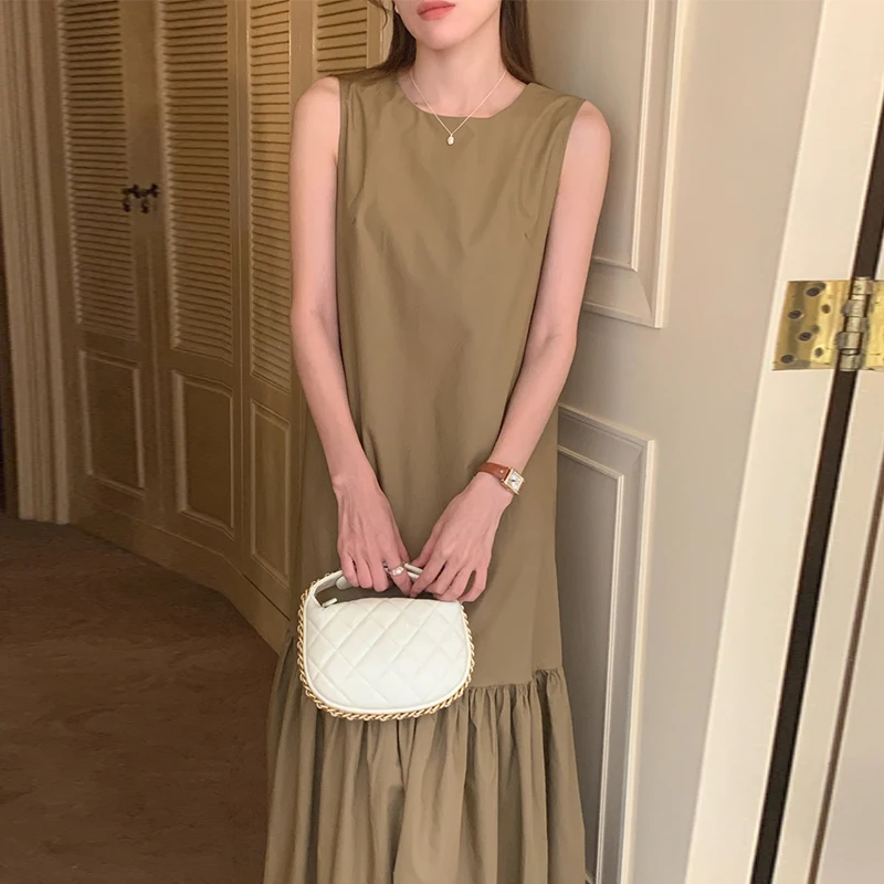 فستان صيفي أنيق بأسلوب كلاسيكي فضفاض برقبة مستديرة وبدون أكمام مع تطريز دانتيل، فستان طويل فضفاض على الطراز الكوري للنساء