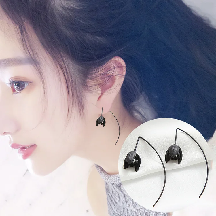 Korean Version Personality Black Ear Wire Flower Bone Flower U-shaped Earrings Fashion New Student Earrings Wholesale Oorbellen