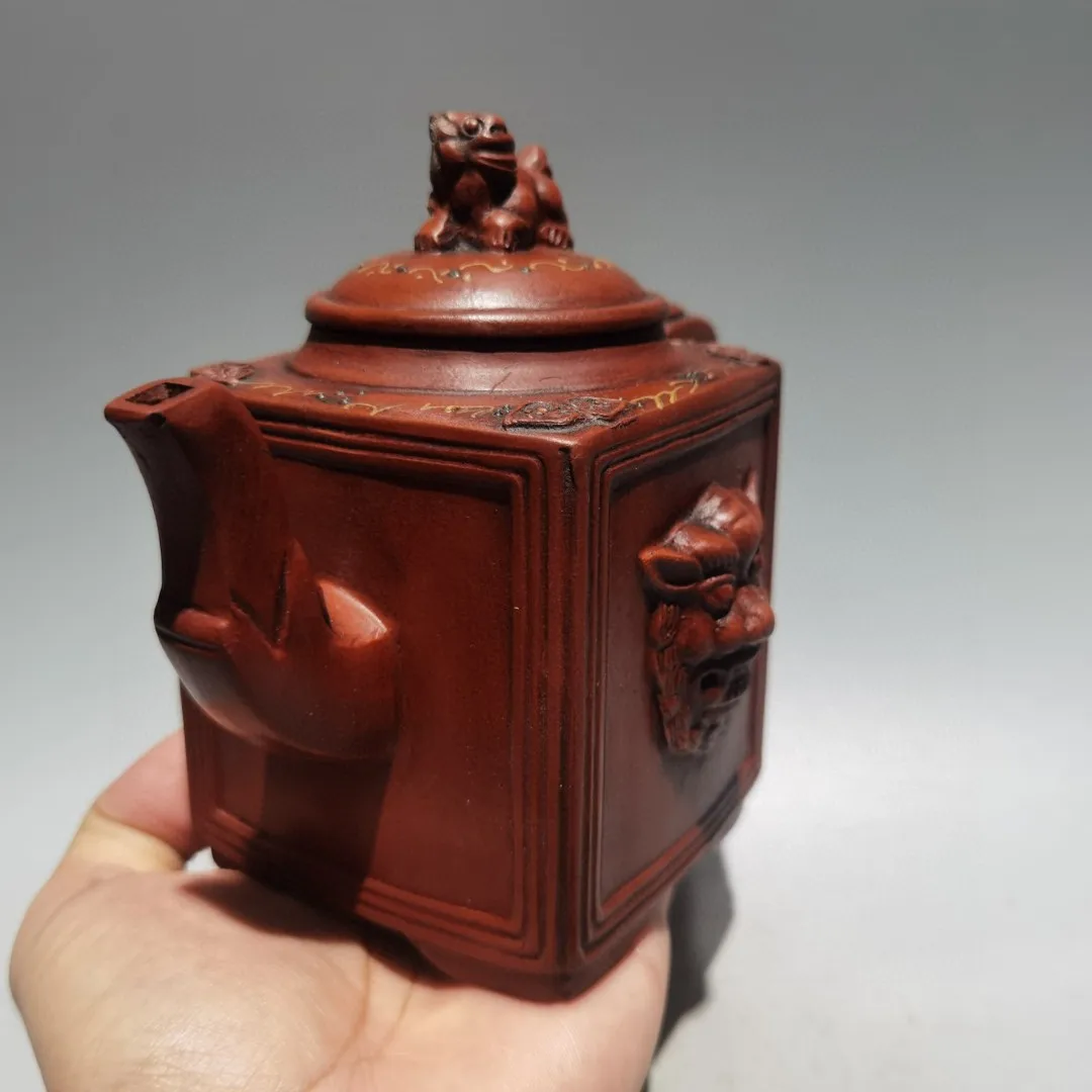Old Chinese Handcraft Enameled  YiXing Zi Sha Clay  (red stoneware) Teapot,LION,with mark,Free shipping