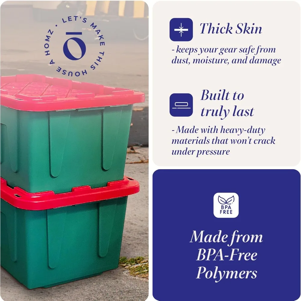 Paquete de 4 contenedores de almacenamiento de plástico resistentes Durabilt con tapas, 27 galones, rojo/verde, cajas contenedoras apilables para vacaciones, A
