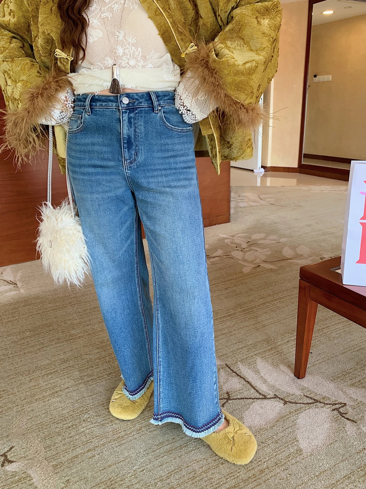 

Женские джинсы с высокой талией, прямые, на флисовой подкладке, осенне-зимние, больших размеров, с девятью нашивками, повседневные, однотонные