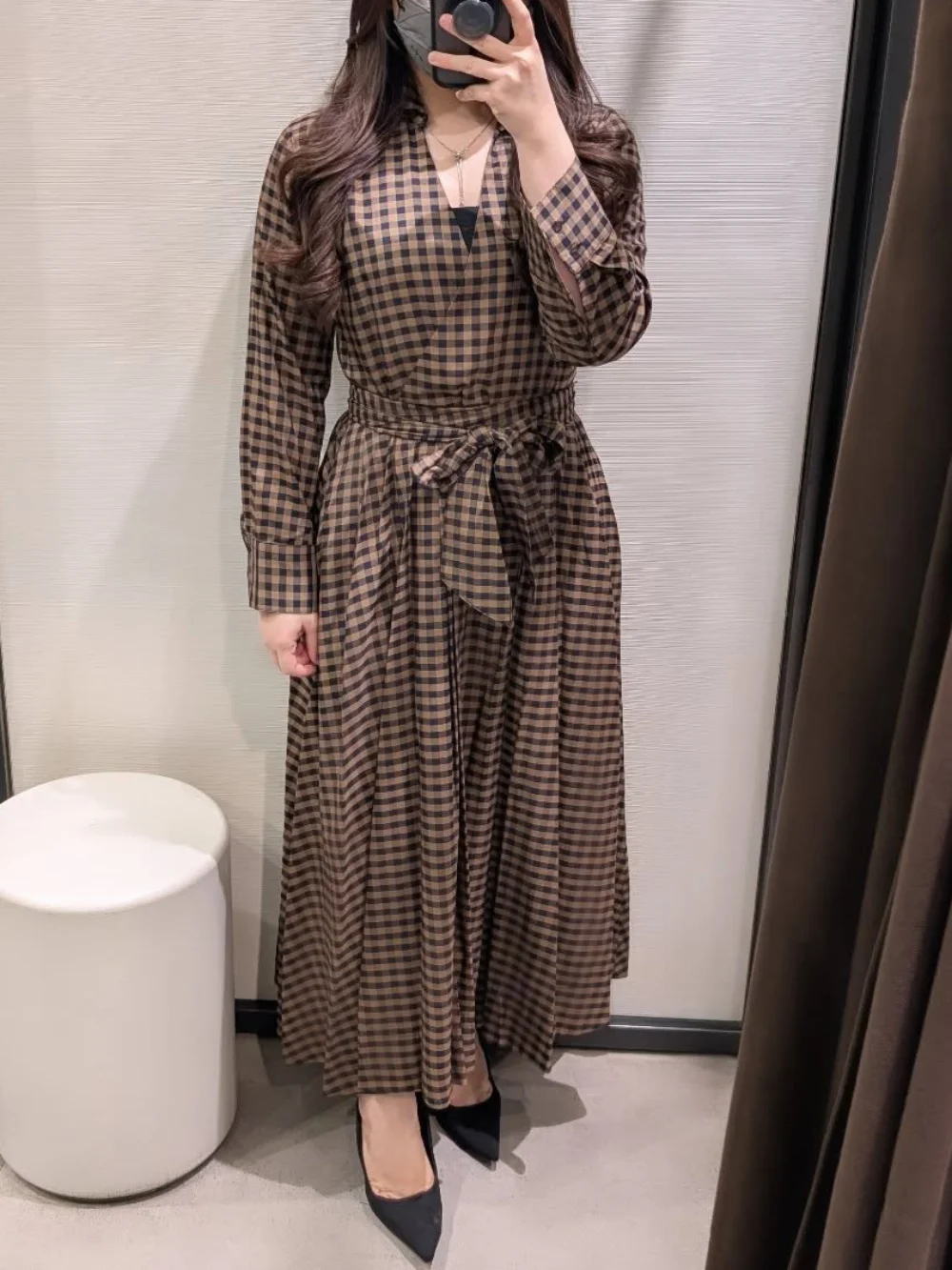 New 2025 Women's Plaid Shirt Collar Long Dress with Belt Casual Chic Autumn Fashion Dress Long Sleeve Chic Women's Dress