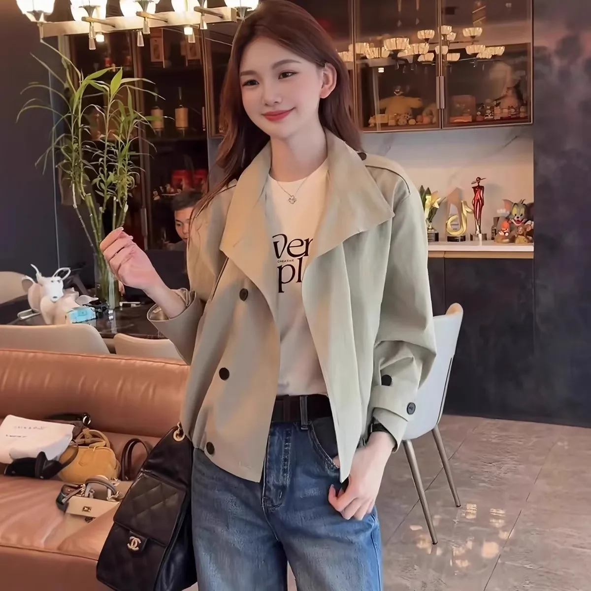 Damska kurtka Briti Sle ort, dwurzędowa, ze stójką, luźna, jesień 2025, casualowa, modna, z włókna poliestrowego, długa.