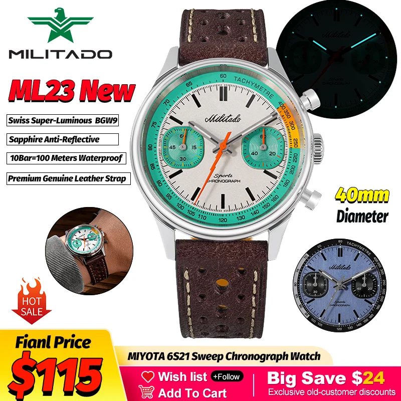 

Militado Новые кварцевые часы Ml23 Miyota 6S21 Часы с хронографом с сапфировым стеклом и антибликовым покрытием Светящиеся наручные часы 10 атм 40 мм