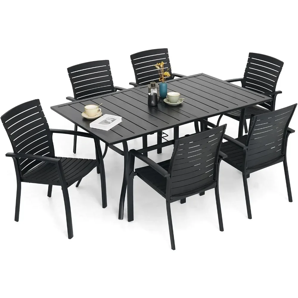 

7 Pieces Patio Dining Set Outdoor Furniture with 6 Stackable Aluminum/Plastic Chairs & Rectangular Table for Yard, Garden, Porch