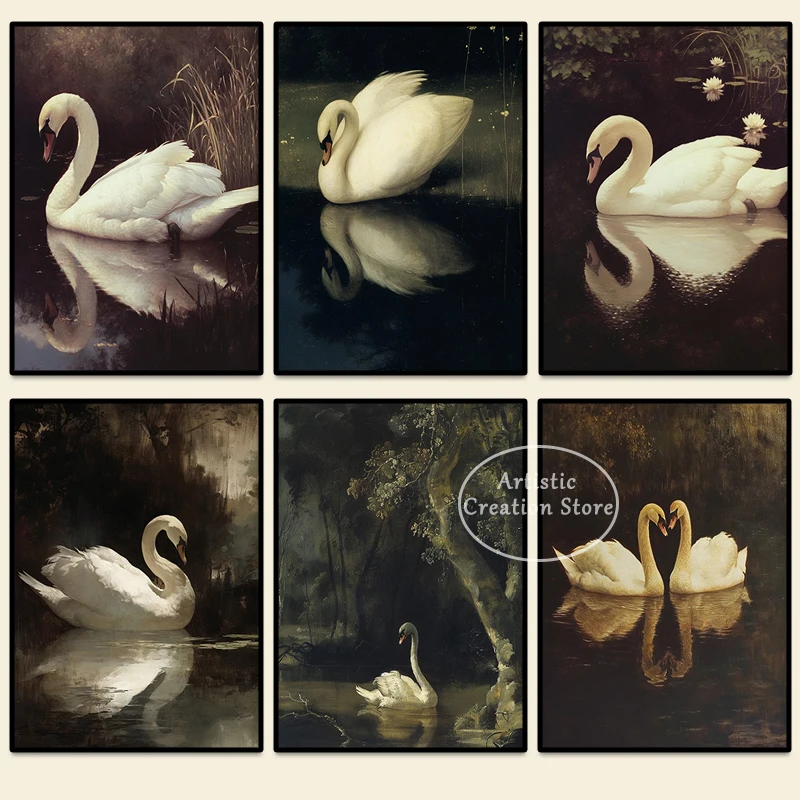 Vintage Swan Prints Victorian Goth Animals Wall Canvas Painting Prints Modern Living Room Art Dark Cottagecore Home Decor Gifts