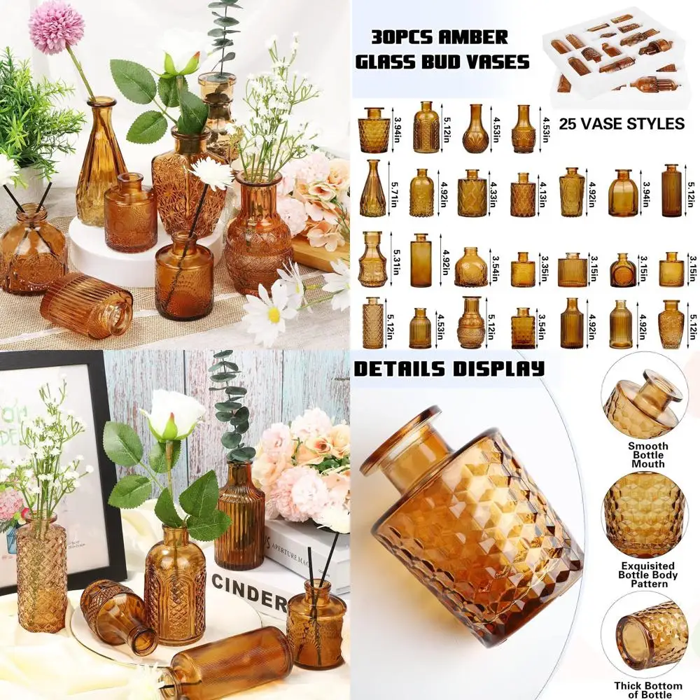 

Amber Glass Bud Vases Set of 30, Vintage Mini Flower Vases for Centerpieces, Home Decor, Weddings