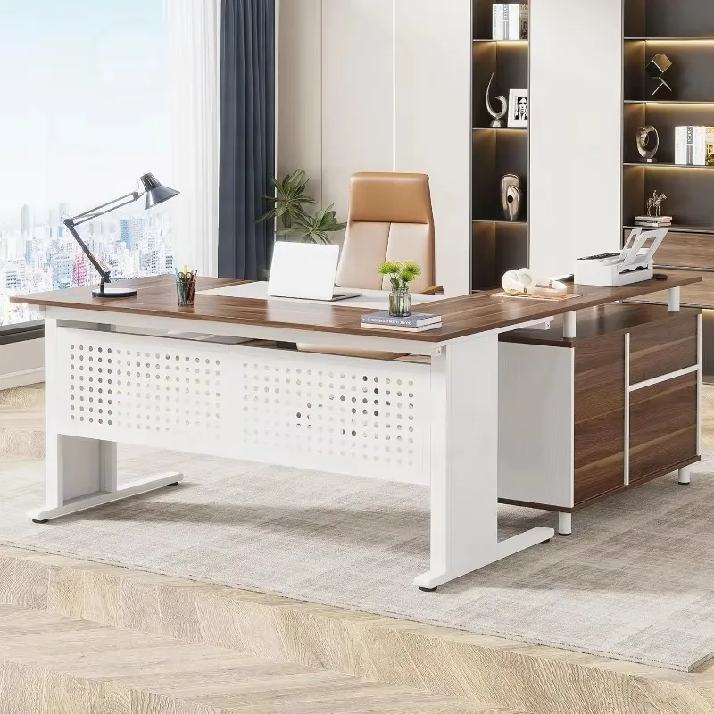 

63 Inch Executive Desk with File Cabinet, L Shaped Computer Desk with Drawers and Storage Shelves, White and Walnut