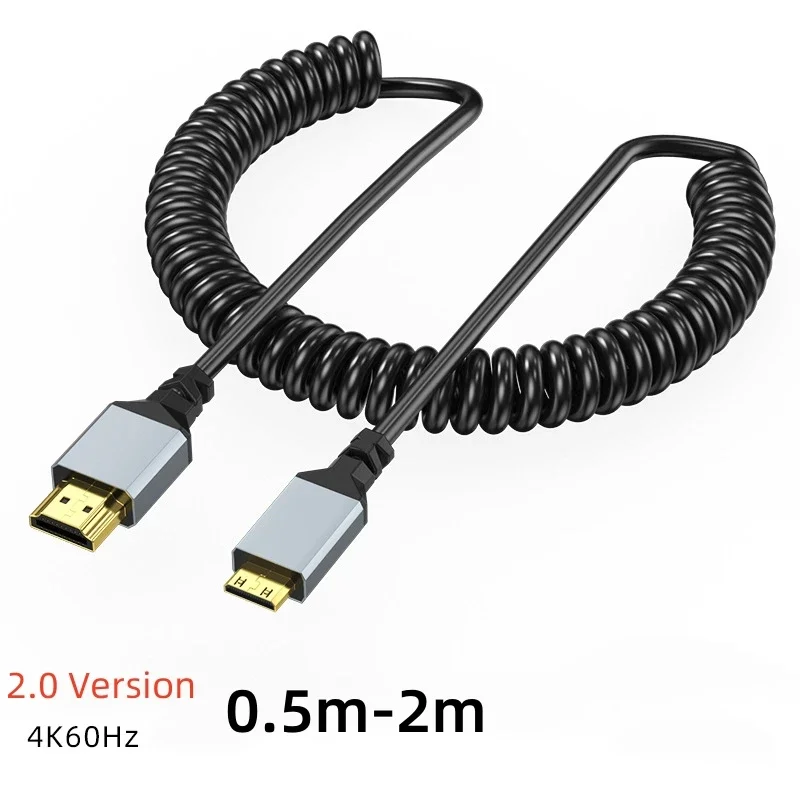 4K HD2.0 Standard To Mini-HD Micro-HD Coiled Extension Spring Flexible Cable for PC PS4 Camera Tablet HDTV Monitor 0.5M-2M Black