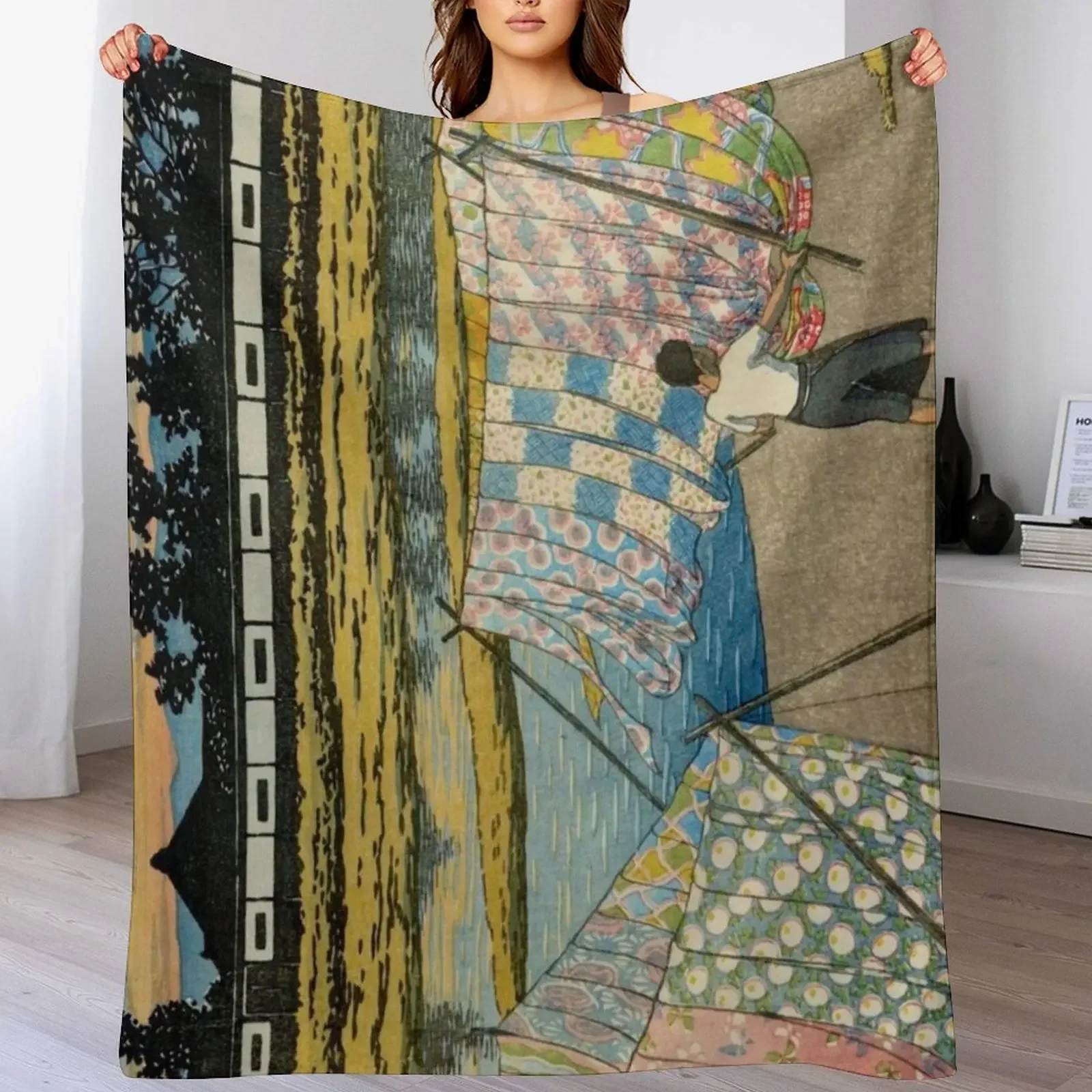 

Dusk at the Kamo River in Kyoto by Kawase Hasui Vintage Woodblock Print East Asian Oriental Cultural Antique Art Throw Blanket