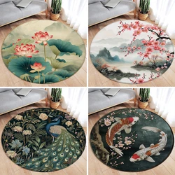 Chinese Lotus Flower Koi Cherry Blossom Living Room Decor Round Carpet Bedroom Carpet Home Floor Mat Washable Leisure Carpet