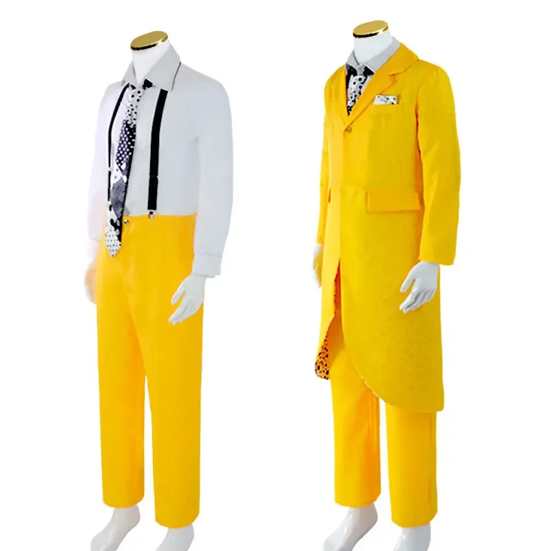 متوفر في المخزون أزياء جيم كاري التأثيرية للبالغين والأطفال للجنسين قناع وجه أخضر أصفر بدلة موحدة لحفلات الهالوين كرنفال