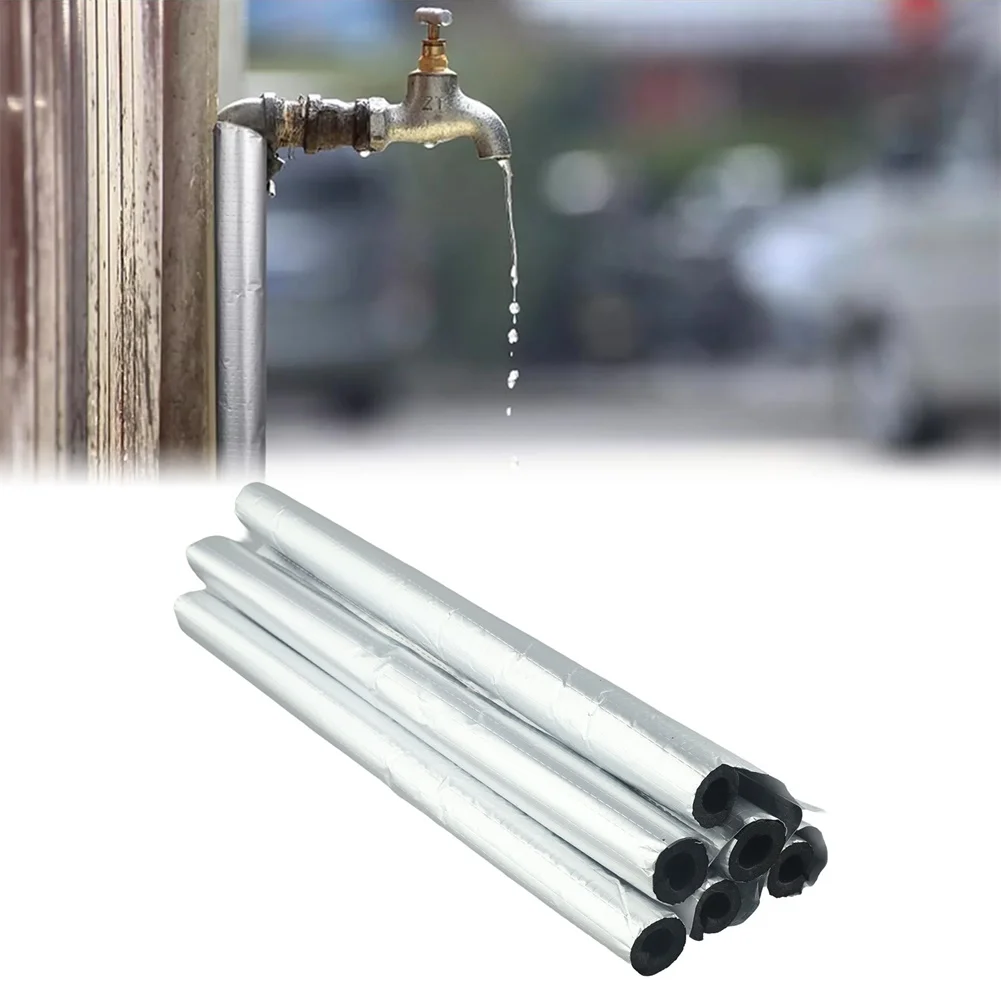 6Pcs 15.7inch Insulation Foam Tube Outdoor Pipe Insulation Foam Wraps Aluminum Foil Weatherproofing Heating Pipe Cover Black