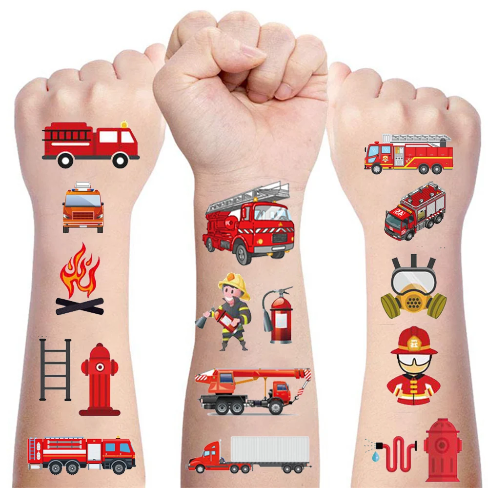 6 Sheets/set Fire Birthday Decorations Temporary Tattoo Stickers Fireman Sammy Firetruck Decor Fire Theme Party Supplies