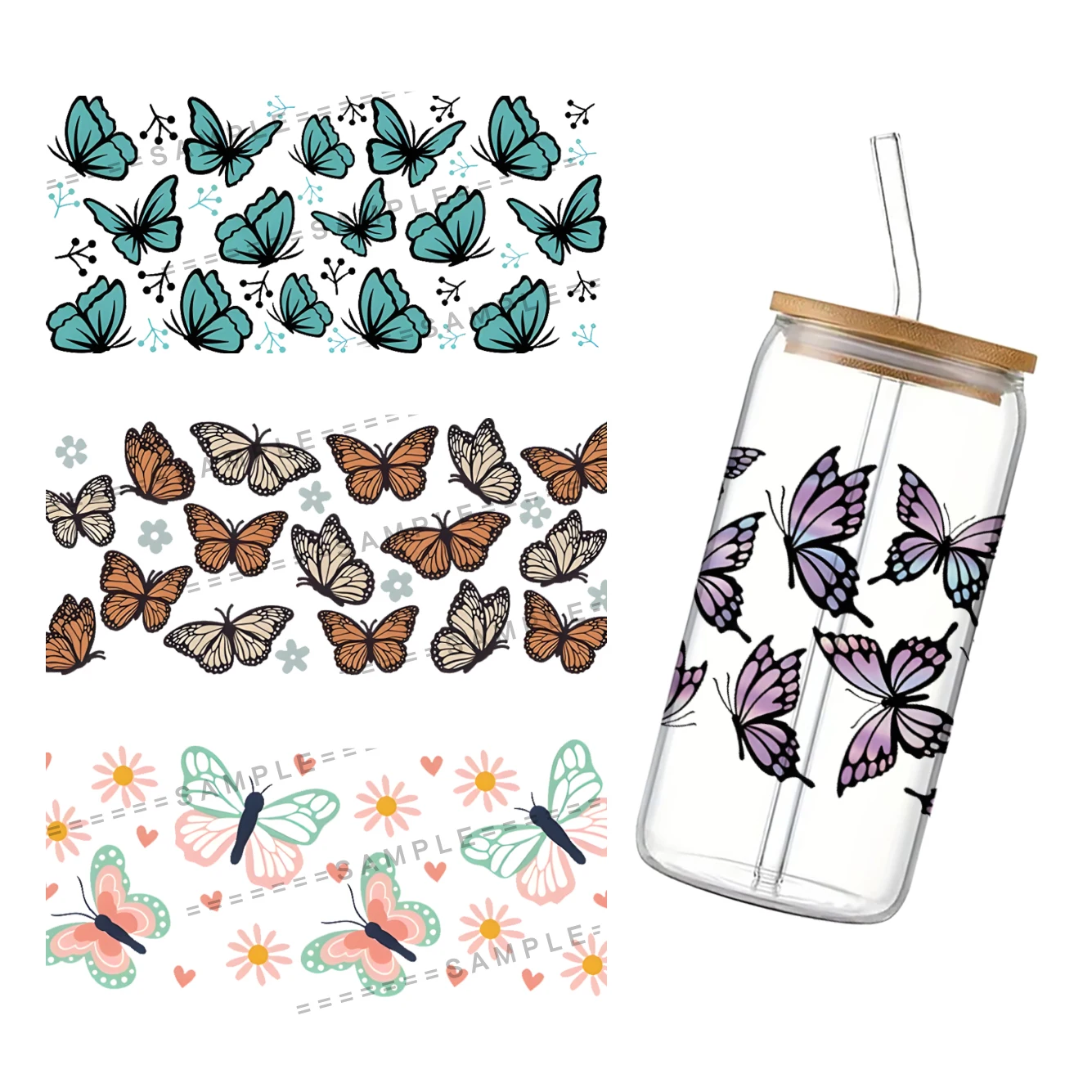 Butterfly Pattern 16oz DTF Sticker Cups Cool Personalize UV Wrap Transfer Sticker Label DIY Logo Self Adhesive Waterproof Custom