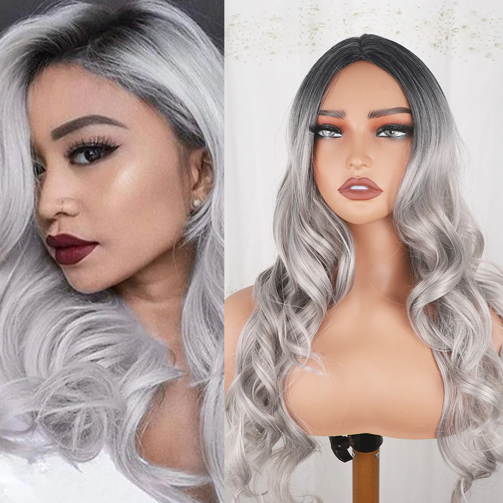 180% Density 28Inch Ombre Gray Wigs for Women Long Wavy Middle Part Wig Long Curly Synthetic Daily Party Wig