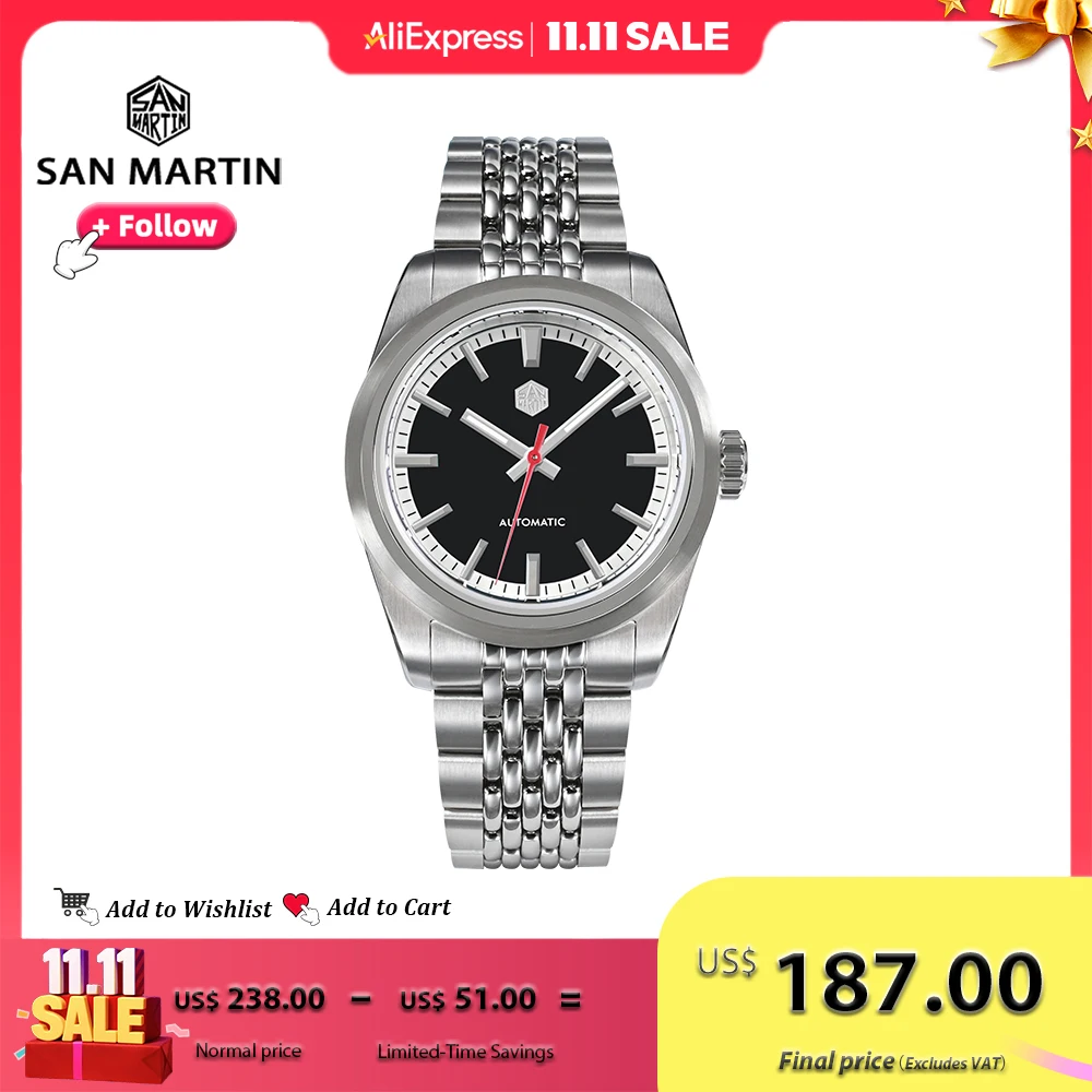 San Martin 남성용 스테인리스 스틸 스포츠 시계, 방수 자동 기계식 손목시계, 심플 스타일, 37mm, 200m, BGW9 SN0106G, 신제품