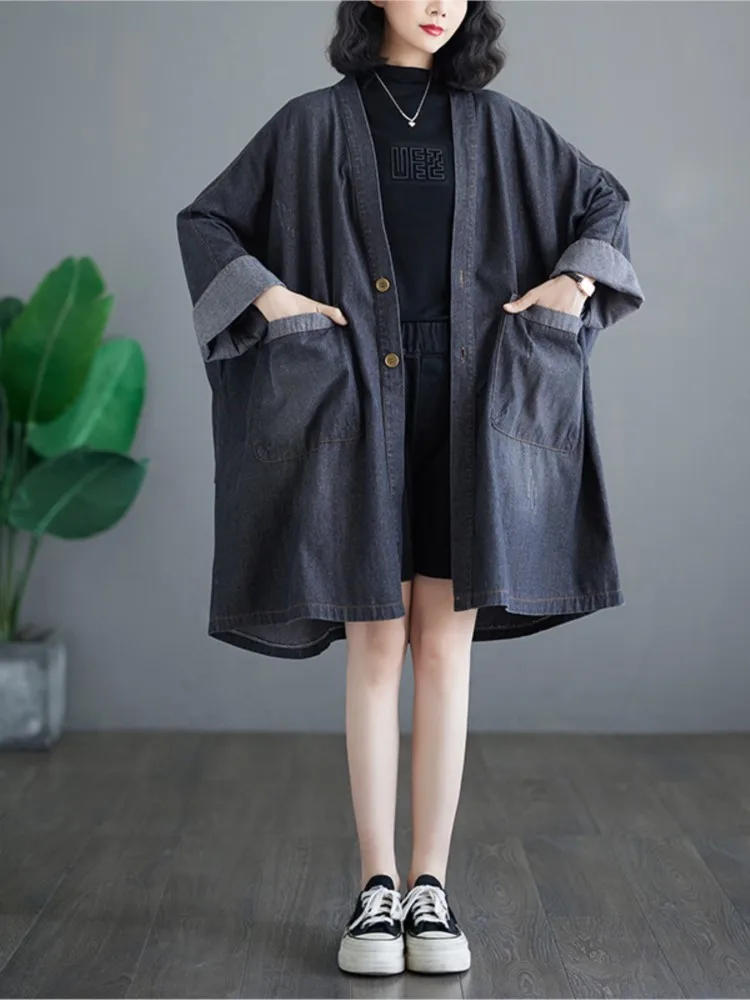 Denim Oversized Autumn Trench Coat Women Loose Ruffle Pleated Fashion Retro Ladies Jackets Long Sleeve Woman V-Neck Coats