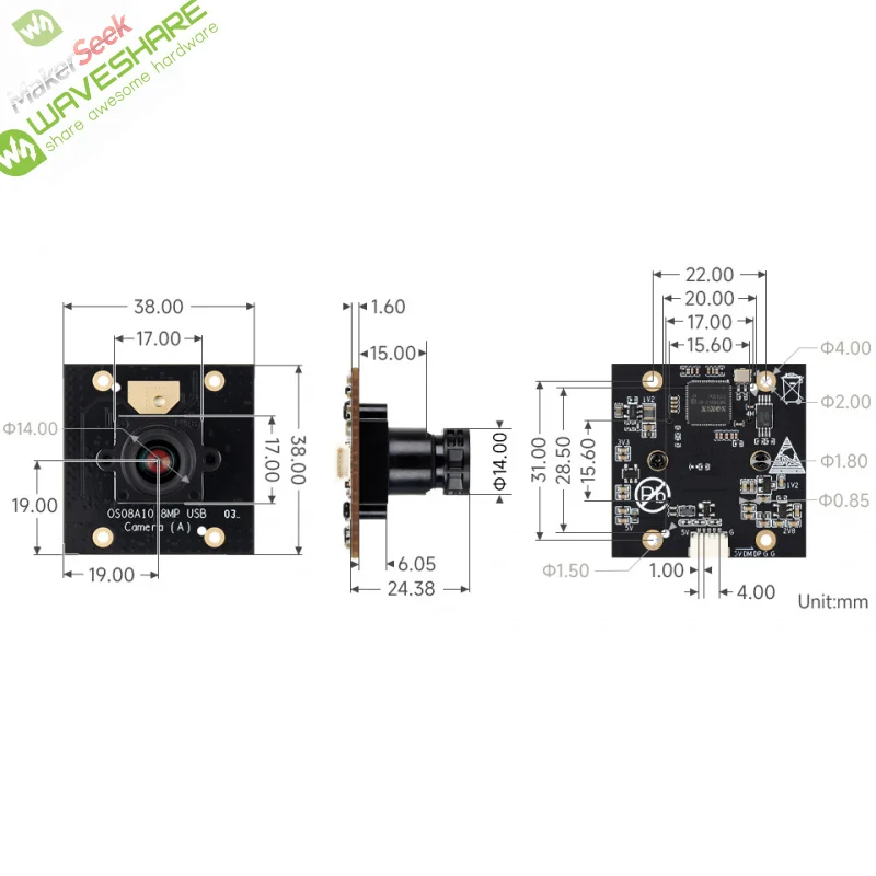 

SKU-32640 Waveshare OS08A10 8MP M12 USB Camera Module, OS08A10 Sensor Chip, USB2.0 Port, Better Sensitivity In Low-Light Conditi