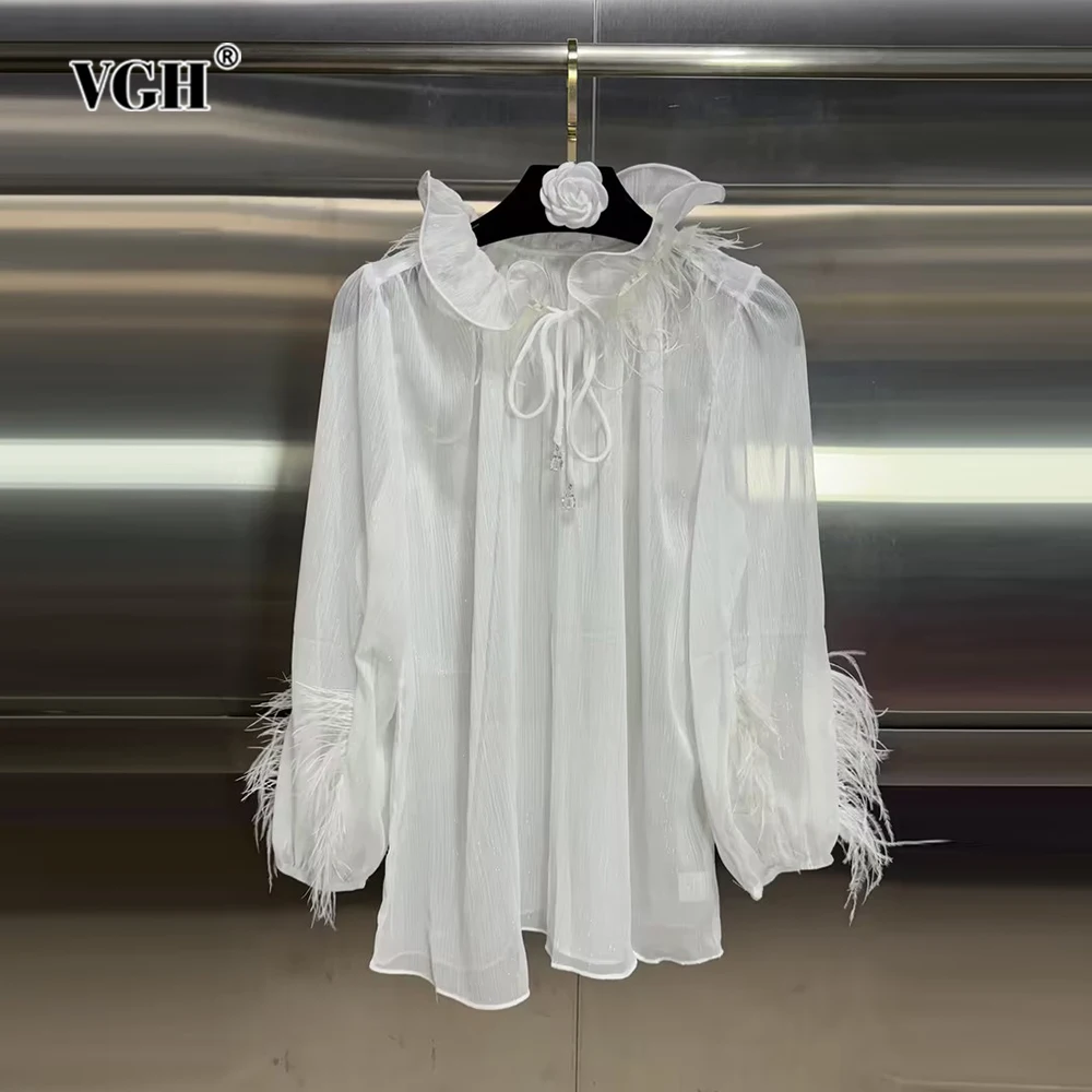 

VGH Solid Patchwork Feathers Casual Blouses For Women Stand Collar Long Sleeve Spliced Lace Up Minimalist Loose Shirts Female