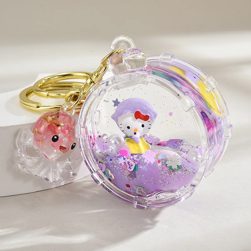 Dreamy Purple Liquid Quicksand Cat Keychain Kawaii Moving Rattle Drum Starry Cloud Kitty Key Chain Women Bag Pendant Keyfob Gift