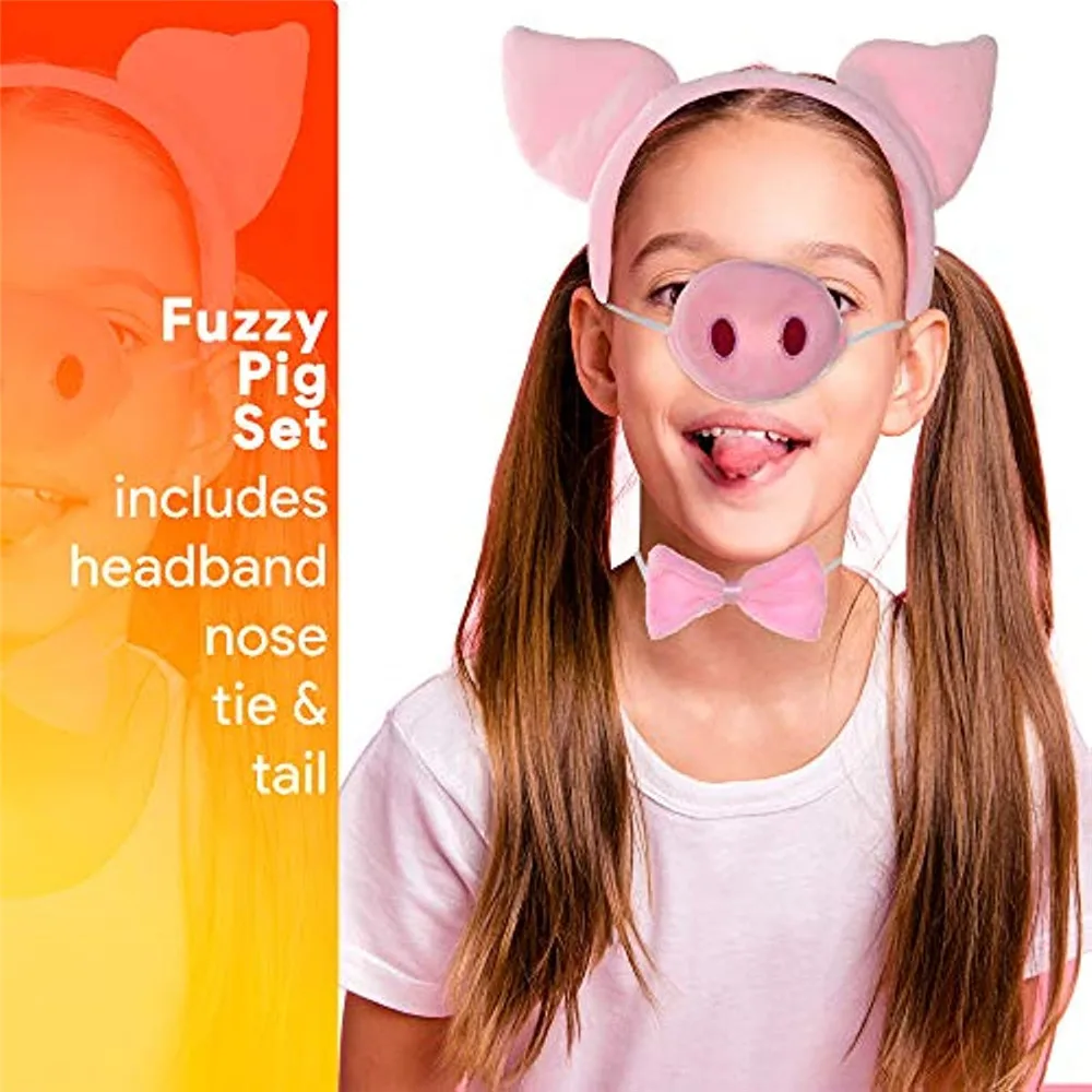 Skeleteen Pig Costume Accessories Set Fuzzy Pink Pig Ears Headband, Bowtie, Snout and Tail Kit Piglet Costumes Toddlers and Kids