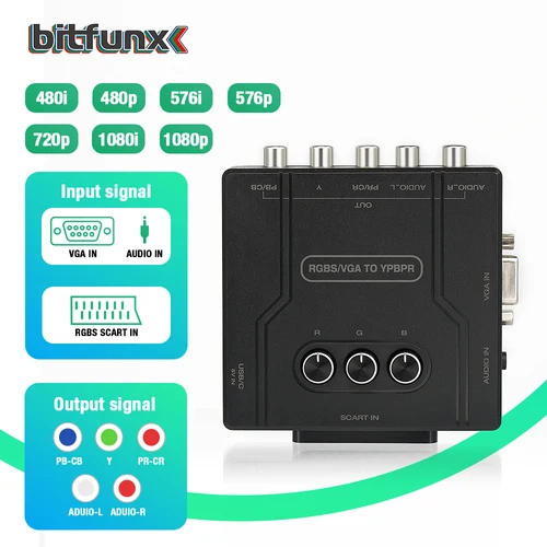 BitFunx RGBS (Scart) o VGA a YPBPR convertidor de transcodificador de vídeo de señal RGBS a componente de diferencia de Color para consola de juegos