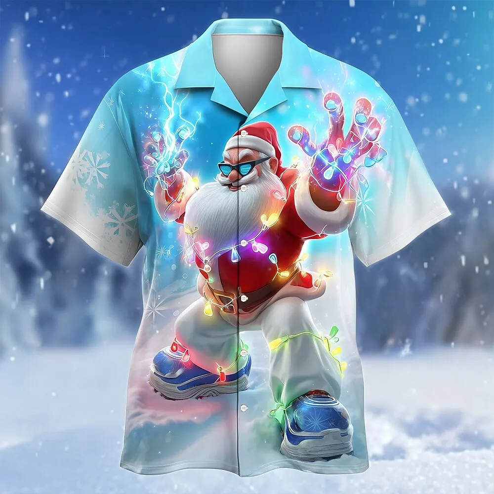 

3D Print Cool Santa Clause Graphic Shirts Creative Colorful Lights Pattern Short Sleeve Shirt Loose Christmas Festival Party Top