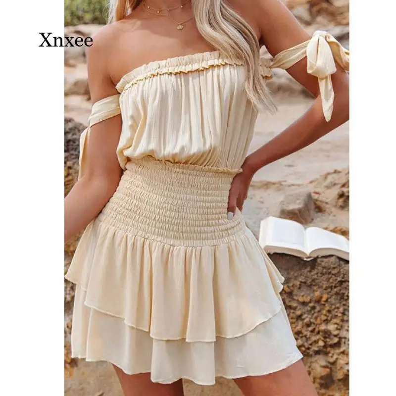 

Off Shoulder Mini Dress Ruffle Beach Holiday Party Women Slash Neck Dresses Solid Color Short Sleeve Robe Lady Sundress Outfits