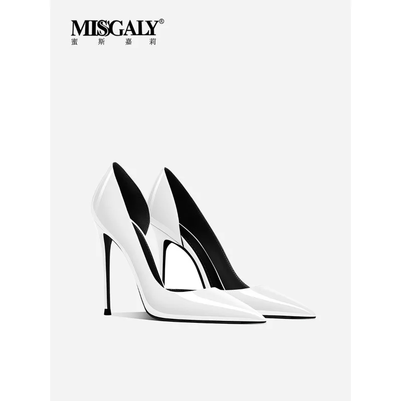 White patent leather side empty high heels for women,  new French pointed thin heel paired with skirt light mouth single shoes