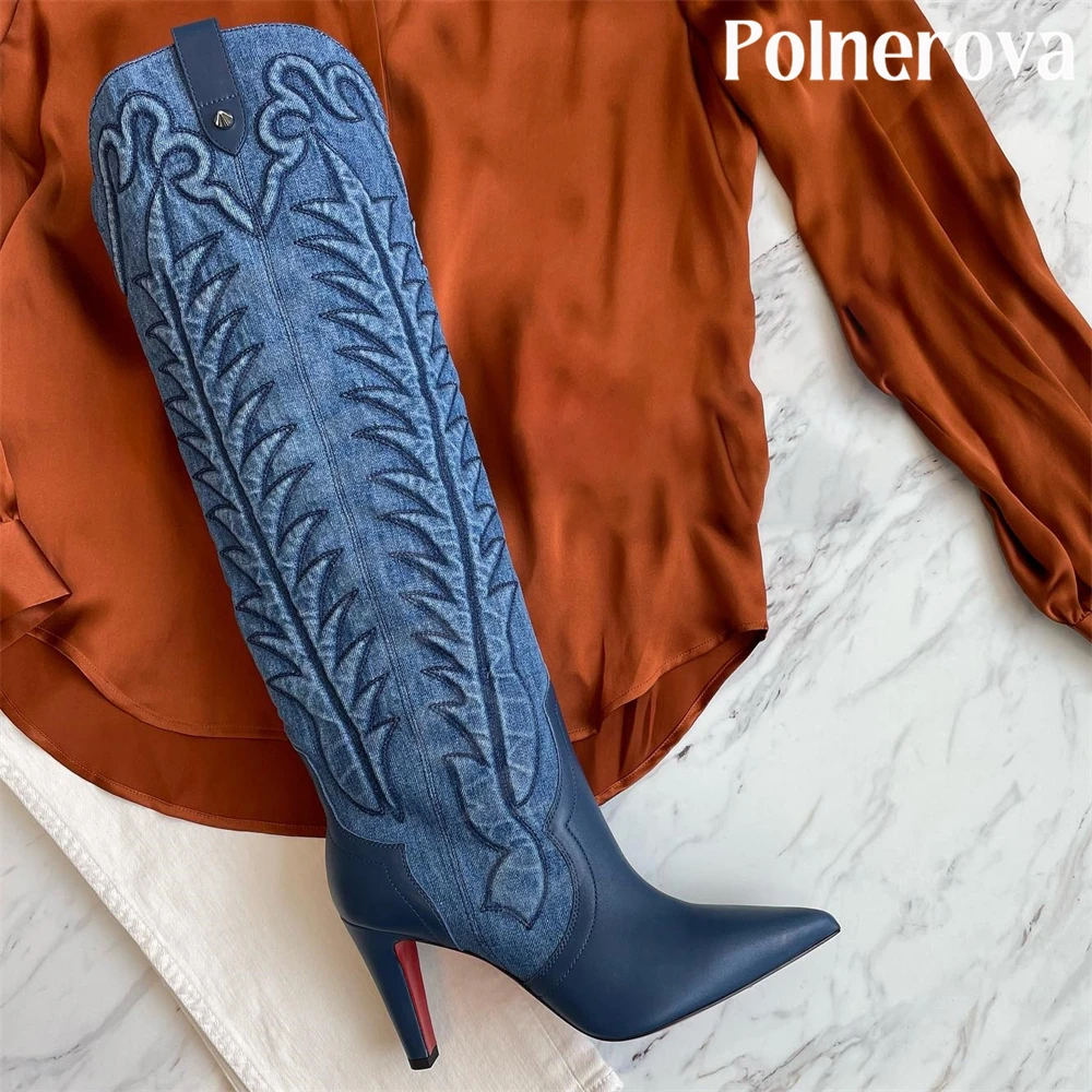 Vintage Washed Denim Western Knee Boots Embroidered Denim Pull-On Boots for Women Pointed Toe Stiletto Designer Handmade Boots