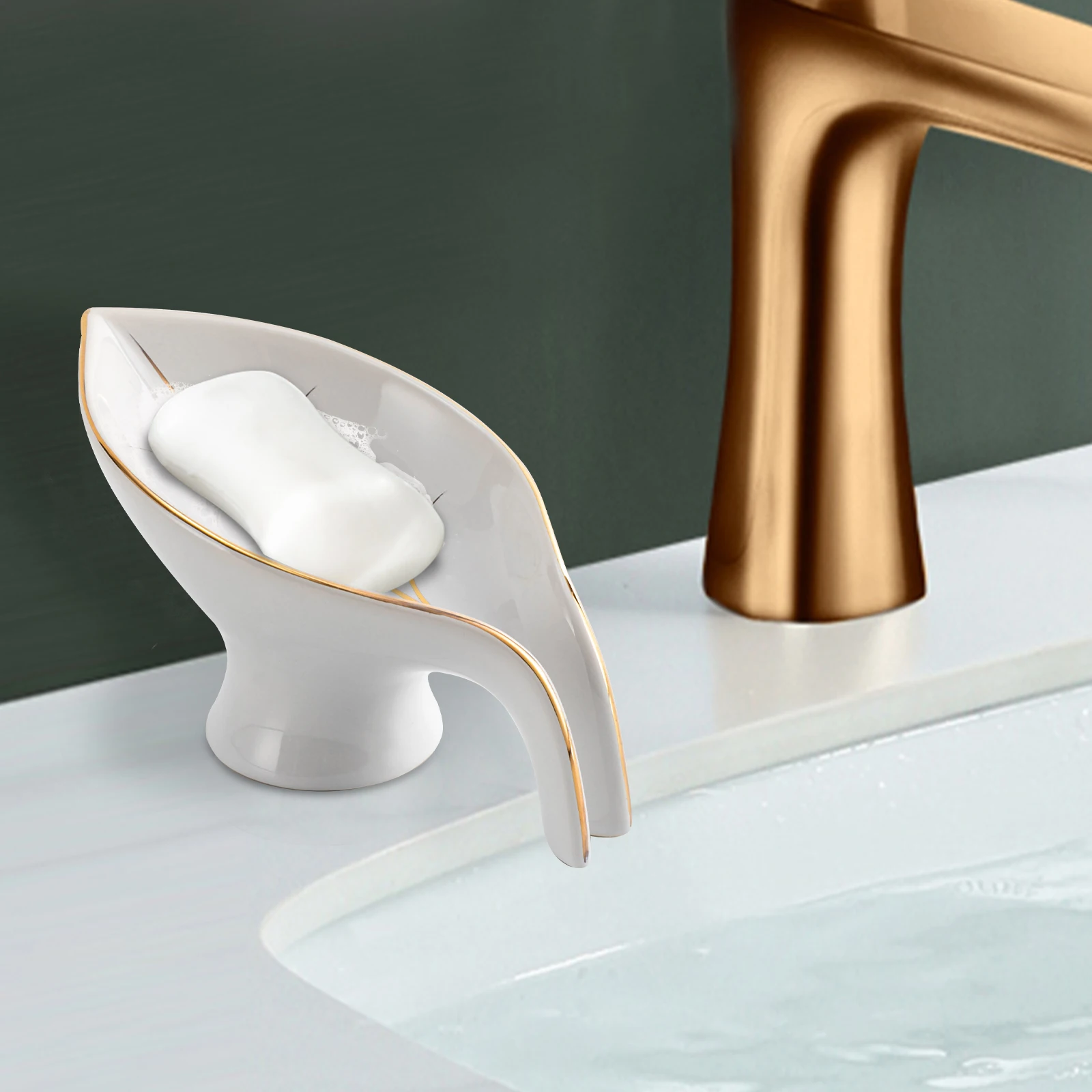 Premium Ceramic Soap Holder Leaf Shaped Soap Holder Automatic Drain Waterfall Soap Dish for Kitchen Bathroom with Adhesive