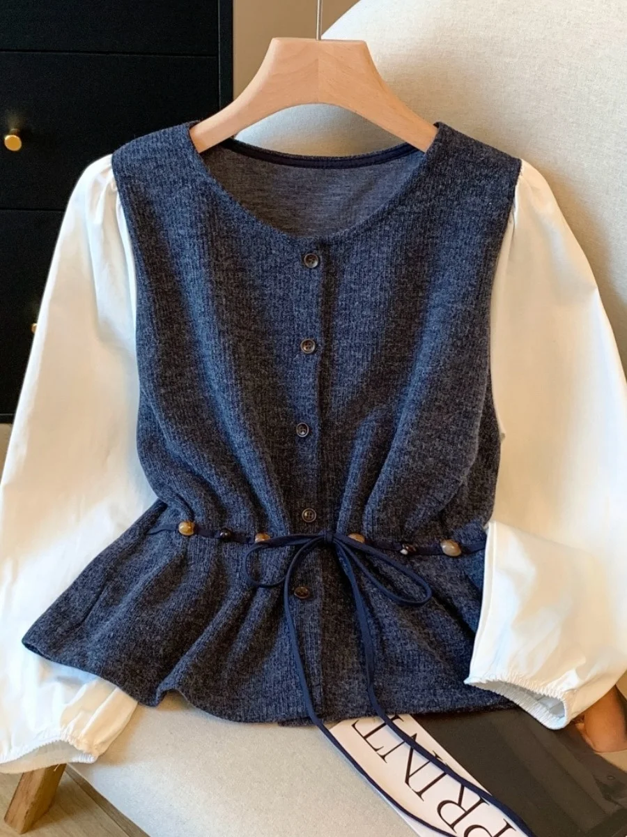 

Ele Knitted Long Sve irt Women's Slimming Waist Belted ort Coat Original Design Gathered Button Stand Collar Regul...