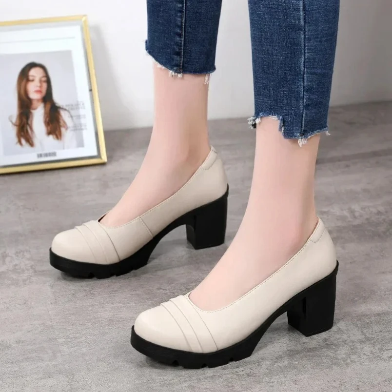 

Новинка весны 2024, женская обувь, винтажные туфли-лодочки из натуральной кожи абрикосового цвета с круглым носком, повседневные женские туфли высокого качества на высоком каблуке