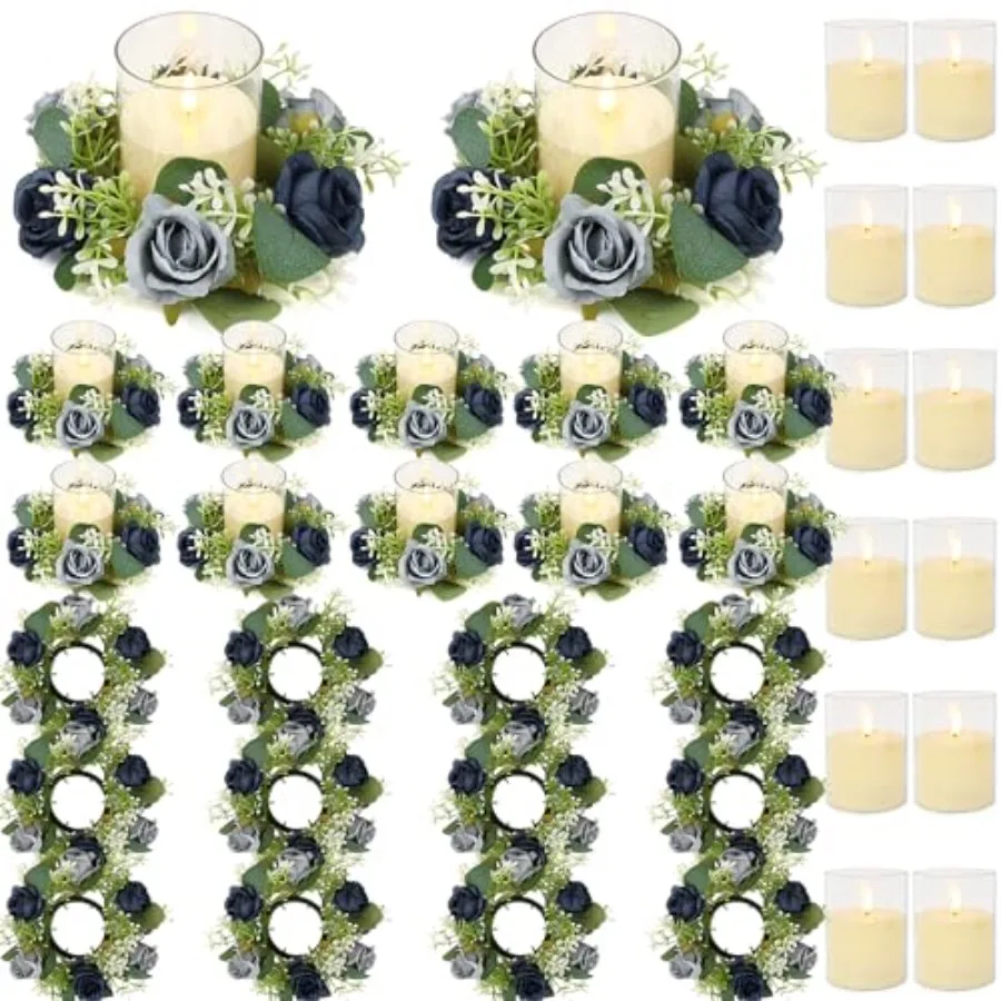 

Rose Candle Rings with Flameless Candles 4PCS Artificial Flower Eucalyptus Wedding Centerpiece 3 Inch Pillar Candleholders Wrea