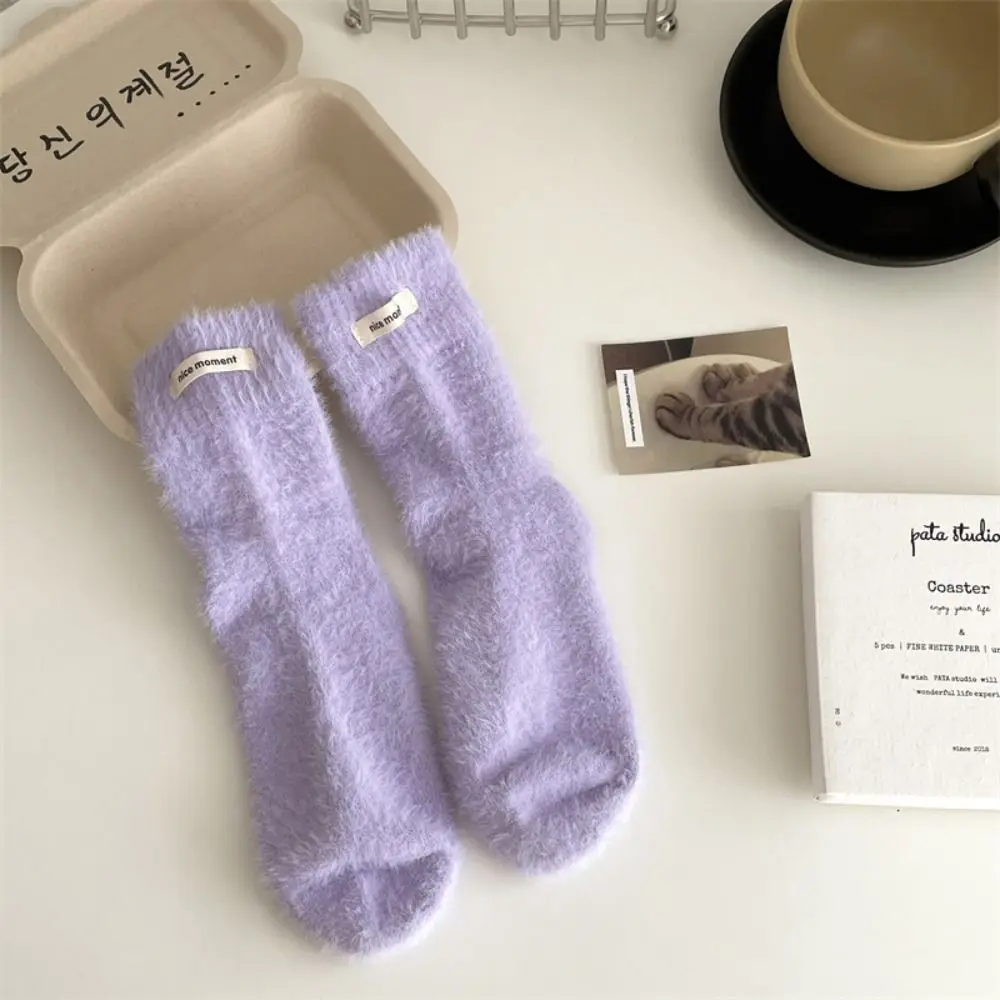 Fashion Winter Mink Cashmere Socks Solid Color Velvet Socks Fluffy Warm Cotton Socks Women
