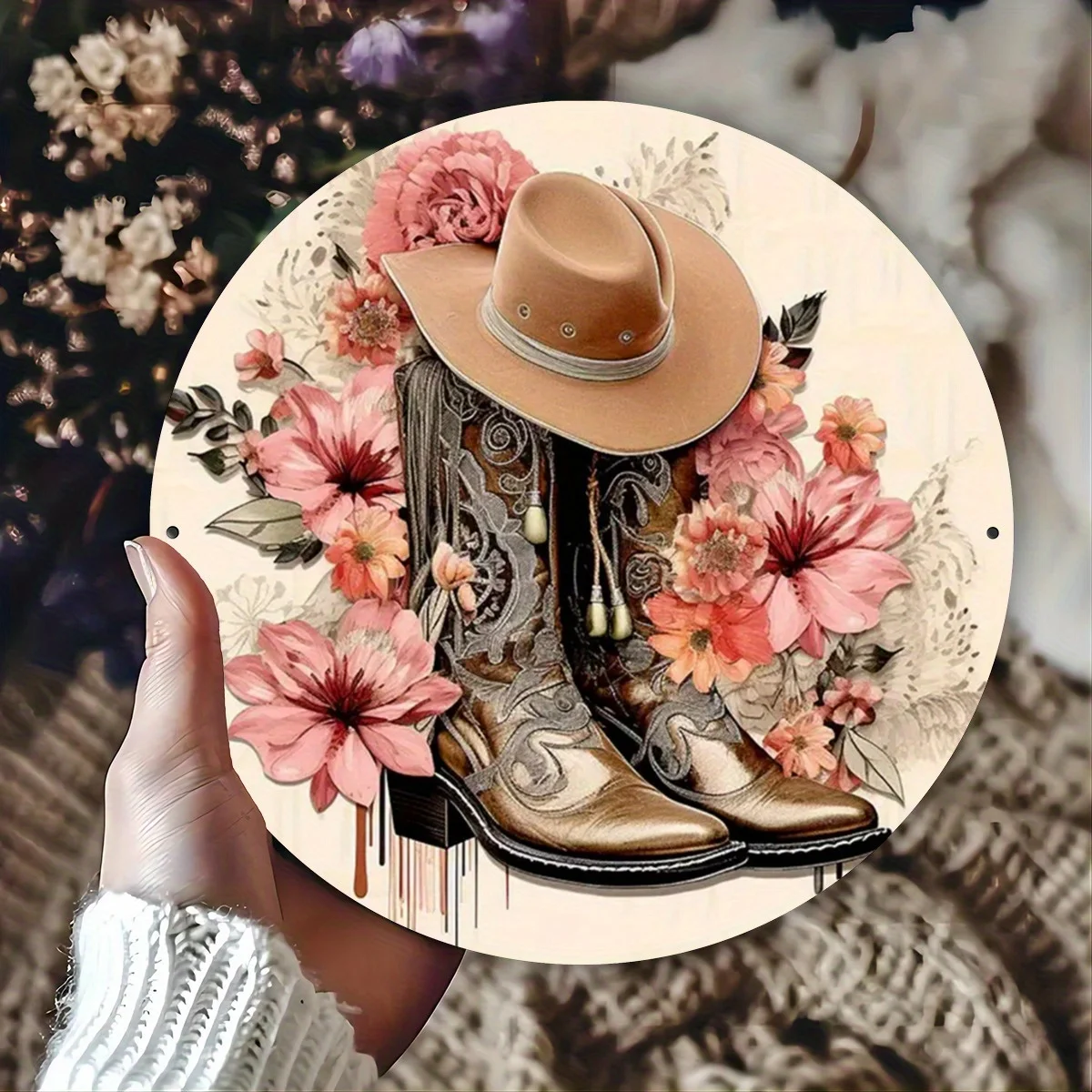 Schickes Metallwandschild mit rosa Blumenstiefeln – Vintage-Eisendekor für Bars, Cafés und Clubs, perfektes Geschenk für Einweihungsparty und Geburtstag