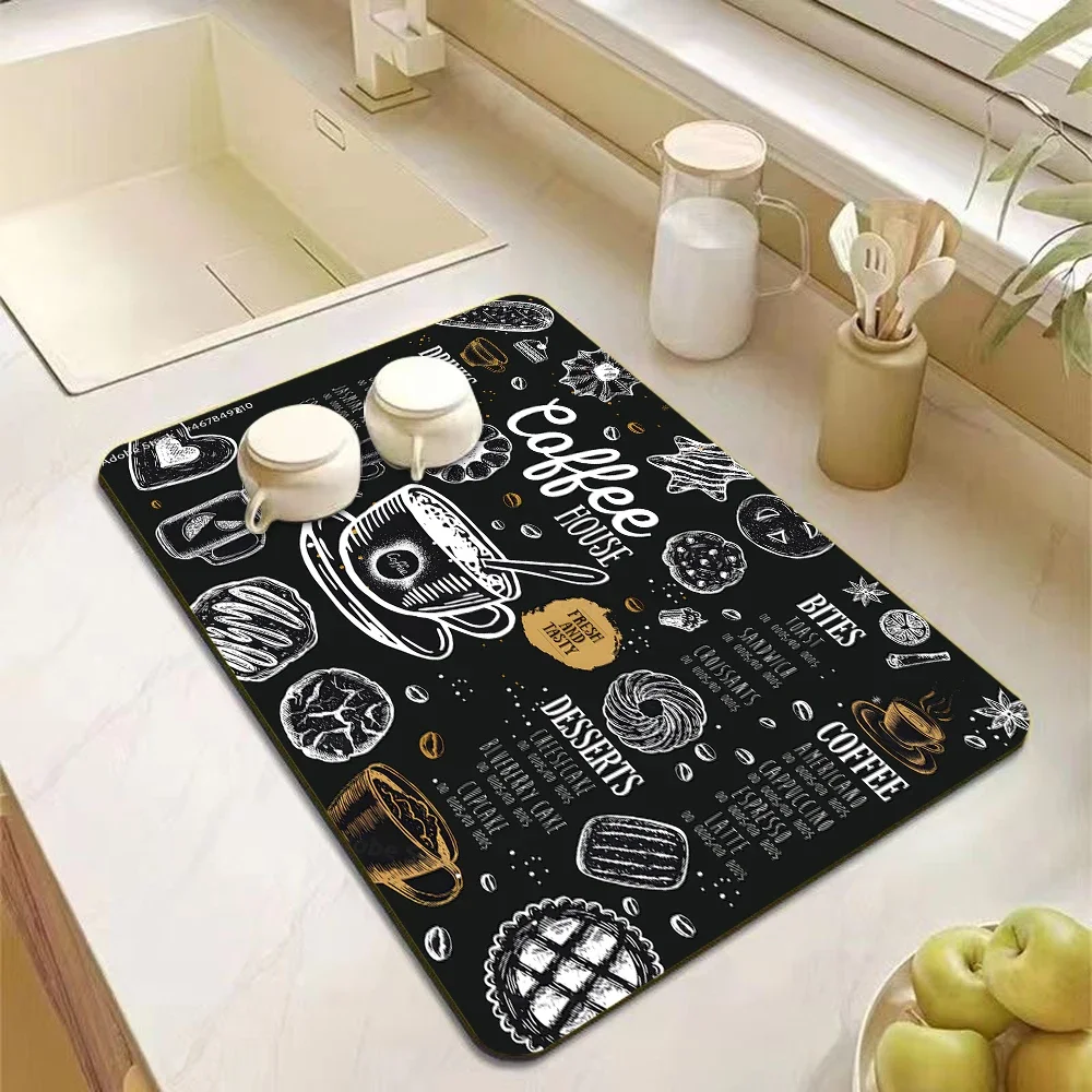 Coffee Themed Chalkboard Retro Kitchen Drying Mat Non Slip Quick Dry Super Durable Mat Specialized Pad For Home Coffee Station