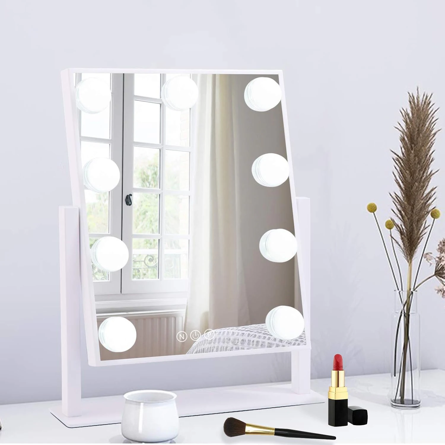 Espejo de tocador con luces Espejo de maquillaje Hollywood con 9 bombillas LED Iluminación de 3 colores 360 ° Rotación para Vestidor y Dormitorio
