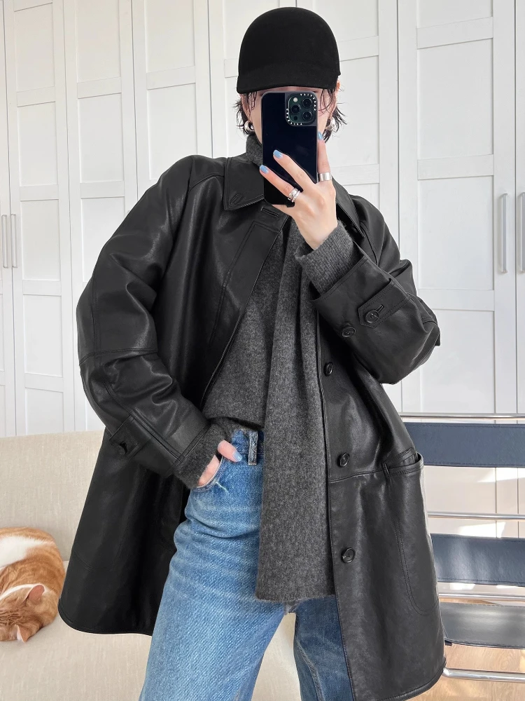 Mid-length Genuine Leather Windbreaker Jacket Women Spring Autumn High-end Simple Single Breasted Soft Black Real Sheepskin Coat